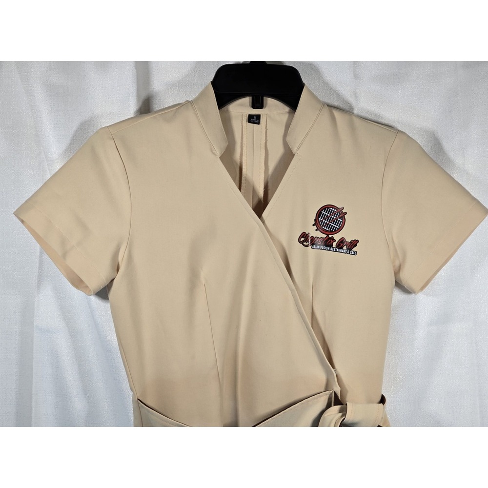 Chopstix Grill Asian Fusion Restaurant Cafe Tan Wrap Dress Mandarin Collar Small